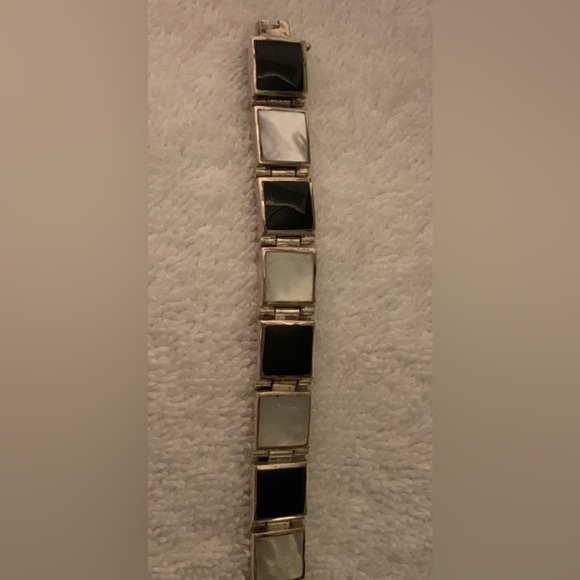 #J1030Black Onyx & White Mother of Pearl Sterling Silver Link Bracelet, 8.25”L,All Products : American Fashion Style Bags On Sale